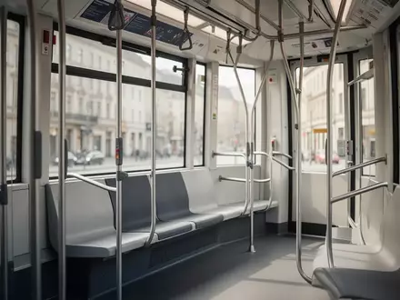 Leerer Innenraum einer modernen Straßenbahn mit Sitzen und Haltestangen in einer urbanen Umgebung. - Foto: über boerse-global.de
