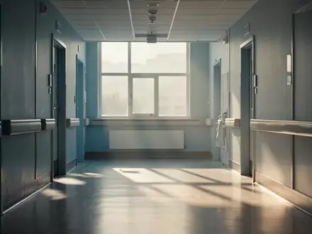 Ein ruhig beleuchteter, leerer Krankenhausflur mit natürlichem Lichteinfall durch ein großes Fenster. - Foto: über boerse-global.de