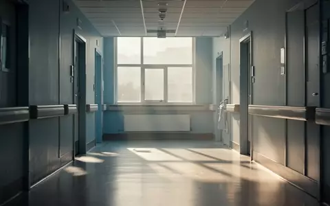 Ein ruhig beleuchteter, leerer Krankenhausflur mit natürlichem Lichteinfall durch ein großes Fenster. - Foto: über boerse-global.de