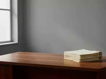 Ein minimalistisches, leeres Büro mit einem schlichten Holztisch und einem Stapel leerer Akten im natürlichen Tageslicht. - Foto: über boerse-global.de