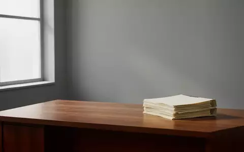 Ein minimalistisches, leeres Büro mit einem schlichten Holztisch und einem Stapel leerer Akten im natürlichen Tageslicht. - Foto: über boerse-global.de
