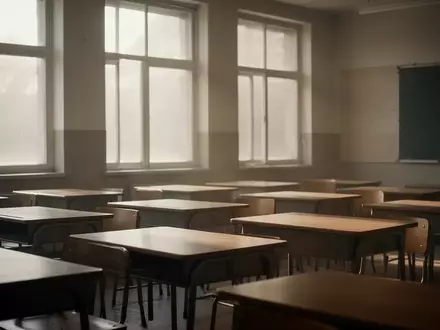 Ein leerer, sonnendurchfluteter Klassenraum mit leeren Holztischen in einer ruhigen, konzentrierten Atmosphäre. - Foto: über boerse-global.de