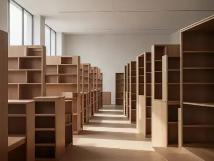 Ein minimalistisch gestalteter, lichtdurchfluteter Raum mit leeren Holzregalen in einer Bibliothek oder einem Archiv. - Foto: über boerse-global.de