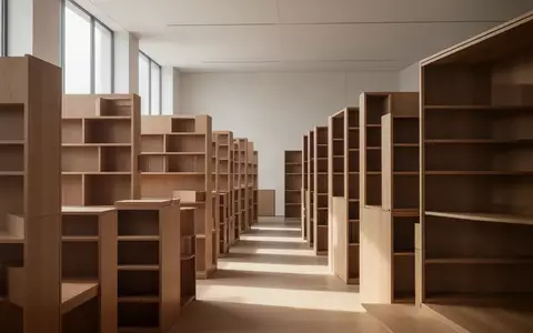 Ein minimalistisch gestalteter, lichtdurchfluteter Raum mit leeren Holzregalen in einer Bibliothek oder einem Archiv. - Foto: über boerse-global.de