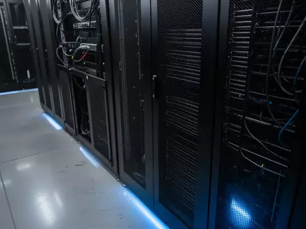 Dunkle, minimalistische Serverraum-Umgebung mit schwarzen Metallschränken und kühler Beleuchtung. - Foto: über boerse-global.de