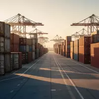 Ein weitläufiger, moderner Containerhafen im Abendlicht mit gestapelten Frachtcontainern und Industriekränen am Horizont. - Foto: über boerse-global.de