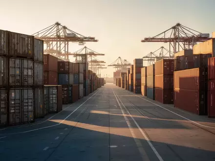 Ein weitläufiger, moderner Containerhafen im Abendlicht mit gestapelten Frachtcontainern und Industriekränen am Horizont. - Foto: über boerse-global.de