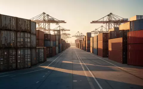 Ein weitläufiger, moderner Containerhafen im Abendlicht mit gestapelten Frachtcontainern und Industriekränen am Horizont. - Foto: über boerse-global.de