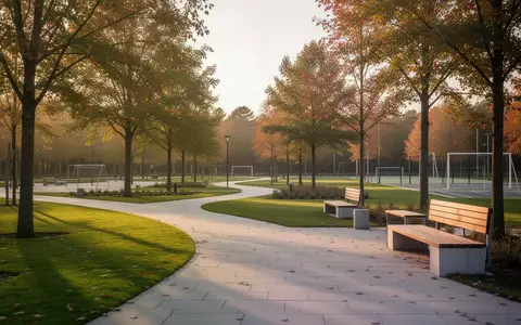 Ein sonnendurchfluteter öffentlicher Park mit einem gepflasterten Gehweg zwischen gepflegten Grünflächen und Bäumen. - Foto: über boerse-global.de