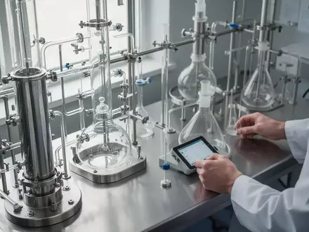Edelstahl-Laborausstattung und Glasapparaturen in einer pharmazeutischen Produktionsanlage zur chemischen Analyse. - Foto: über boerse-global.de