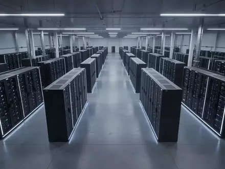 Weite Ansicht eines modernen Rechenzentrums mit Reihen dunkler Server-Racks in einer sterilen, industriegeprägten Umgebung. - Foto: über boerse-global.de