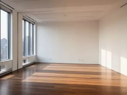 Ein leeres, modernes Büro mit weißen Wänden und großen Fenstern, das Tageslicht wirft weiche Schatten auf den Holzboden. - Foto: über boerse-global.de