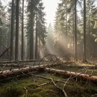 Ein sonnendurchfluteter Nadelwald nach einem Sturm mit umgestürzten Baumstämmen und abgebrochenen Ästen auf dem Waldboden. - Foto: über boerse-global.de