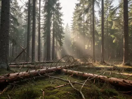 Ein sonnendurchfluteter Nadelwald nach einem Sturm mit umgestürzten Baumstämmen und abgebrochenen Ästen auf dem Waldboden. - Foto: über boerse-global.de
