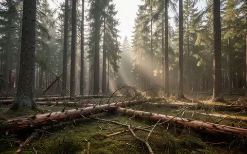 Ein sonnendurchfluteter Nadelwald nach einem Sturm mit umgestürzten Baumstämmen und abgebrochenen Ästen auf dem Waldboden. - Foto: über boerse-global.de
