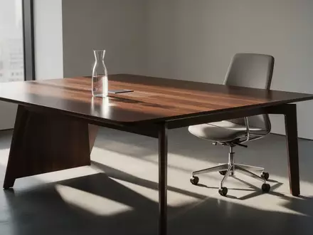 Ein minimalistischer Konferenztisch aus dunklem Holz in einem hellen, modernen Besprechungsraum. - Foto: über boerse-global.de