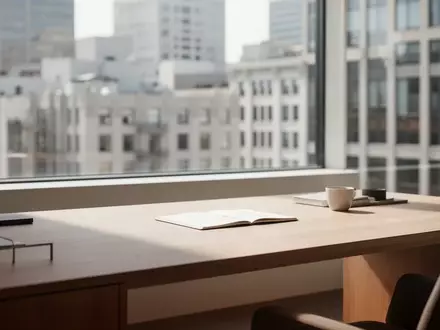 Ein minimalistischer, moderner Arbeitsplatz mit einem Holztisch und weichem Tageslicht in einem Büro in San Francisco. - Foto: über boerse-global.de