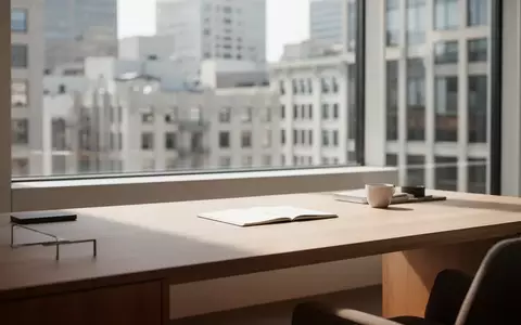 Ein minimalistischer, moderner Arbeitsplatz mit einem Holztisch und weichem Tageslicht in einem Büro in San Francisco. - Foto: über boerse-global.de