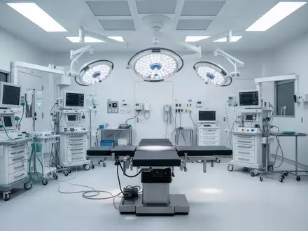 Ein steriler, moderner Operationssaal in einer Klinik mit medizinischen Geräten und einem leeren Operationstisch. - Foto: über boerse-global.de