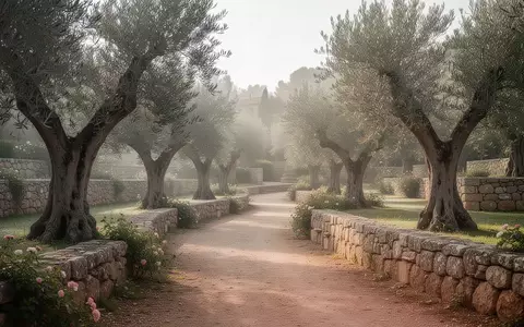 Ein ruhiger, sonnendurchfluteter Gartenweg in einer mediterranen Parkanlage mit Olivenbäumen. - Foto: über boerse-global.de