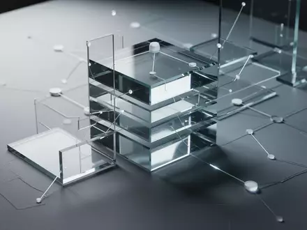 Abstrakte, geometrische Glasblöcke auf einer matten Oberfläche, die Datenstrukturen und Wissensverknüpfungen symbolisieren. - Foto: über boerse-global.de
