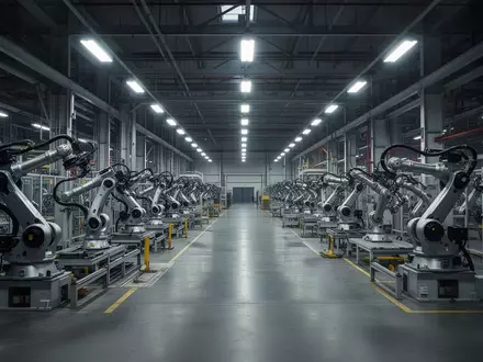 Leere Industriehalle einer Automobilfabrik mit modernen Fertigungsanlagen und Robotern unter künstlichem Licht. - Foto: über boerse-global.de