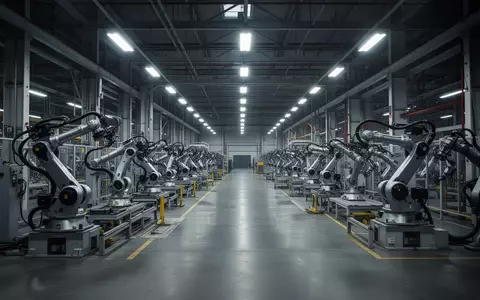 Leere Industriehalle einer Automobilfabrik mit modernen Fertigungsanlagen und Robotern unter künstlichem Licht. - Foto: über boerse-global.de