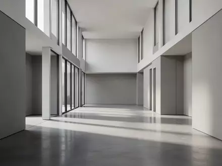 Ein heller, minimalistischer Flur mit poliertem Betonboden und sanftem Tageslicht, das durch hohe Fenster fällt. - Foto: über boerse-global.de