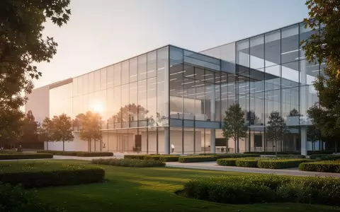 Modernes Bürogebäude in Cupertino umgeben von einer gepflegten Grünanlage bei Sonnenuntergang. - Foto: über boerse-global.de