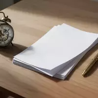 Ein minimalistischer Schreibtisch mit einer mechanischen Uhr und einem Stapel leerem Papier in sanftem Morgenlicht. - Foto: über boerse-global.de