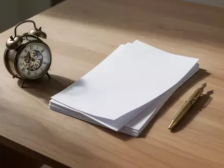 Ein minimalistischer Schreibtisch mit einer mechanischen Uhr und einem Stapel leerem Papier in sanftem Morgenlicht. - Foto: über boerse-global.de