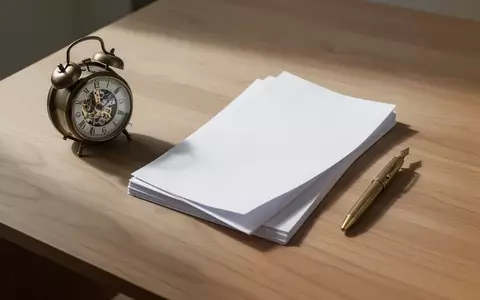 Ein minimalistischer Schreibtisch mit einer mechanischen Uhr und einem Stapel leerem Papier in sanftem Morgenlicht. - Foto: über boerse-global.de