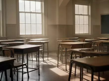 Ein leerer, sonnendurchfluteter Klassenraum mit ordentlich aufgereihten Holztischen und Stühlen in einem historischen Schulgebäude. - Foto: über boerse-global.de