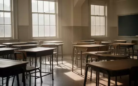 Ein leerer, sonnendurchfluteter Klassenraum mit ordentlich aufgereihten Holztischen und Stühlen in einem historischen Schulgebäude. - Foto: über boerse-global.de