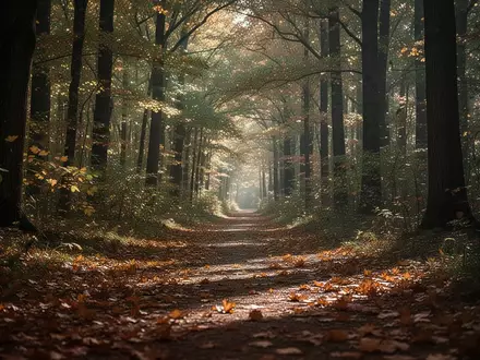 Ein von goldenen Herbstblättern bedeckter Waldweg im sanften, diffusen Licht des frühen Morgens. - Foto: über boerse-global.de