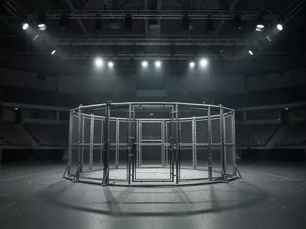 Eine leere, von Scheinwerfern beleuchtete Stahlkäfig-Arena in einer großen Sporthalle. - Foto: über boerse-global.de