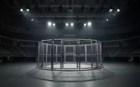 Eine leere, von Scheinwerfern beleuchtete Stahlkäfig-Arena in einer großen Sporthalle. - Foto: über boerse-global.de