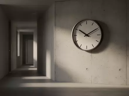 Eine schlichte Wanduhr in einem ruhigen, minimalistischen Büroflur mit weichem Lichteinfall. - Foto: über boerse-global.de