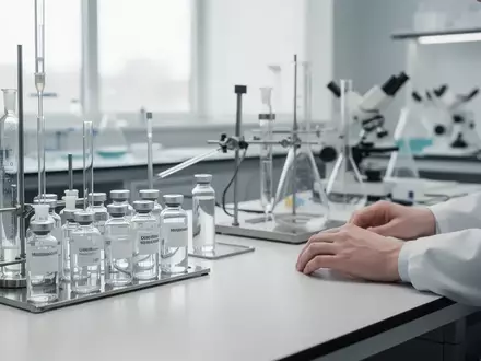 Ein steriles, modernes medizinisches Labor mit Glasphiolen und Laborgeräten auf einem weißen Arbeitstisch. - Foto: über boerse-global.de