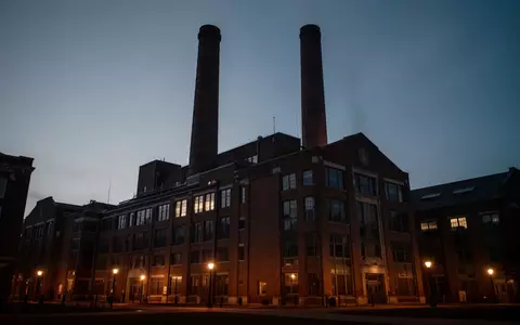 Ein großes, historisches Kraftwerksgebäude auf einem Universitätsgelände in der Abenddämmerung. - Foto: über boerse-global.de
