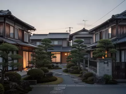 Ein ruhiges Wohnviertel in Japan mit traditionellen Häusern und Gärten in der Abenddämmerung. - Foto: über boerse-global.de