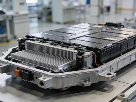 Hochmoderne Batterieeinheit für Elektrofahrzeuge auf einem industriellen Arbeitstisch in einer Fabrikumgebung. - Foto: über boerse-global.de