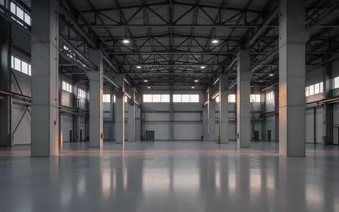 Leere, moderne Industriehalle mit hohen Decken und Betonpfeilern bei natürlichem Licht. - Foto: über boerse-global.de