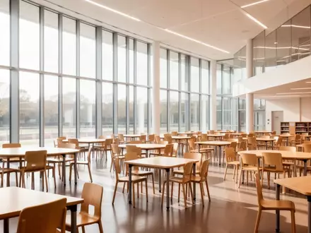 Ein heller, moderner Lernraum mit leeren Holztischen und Stühlen in einer Schule, der durch große Fenster natürlich beleuchtet wird. - Foto: über boerse-global.de