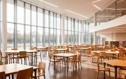 Ein heller, moderner Lernraum mit leeren Holztischen und Stühlen in einer Schule, der durch große Fenster natürlich beleuchtet wird. - Foto: über boerse-global.de