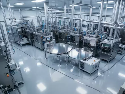 Ein industrieller Reinraum in einer Halbleiterfertigung mit hochpräzisen Maschinen und spiegelnden Böden. - Foto: über boerse-global.de