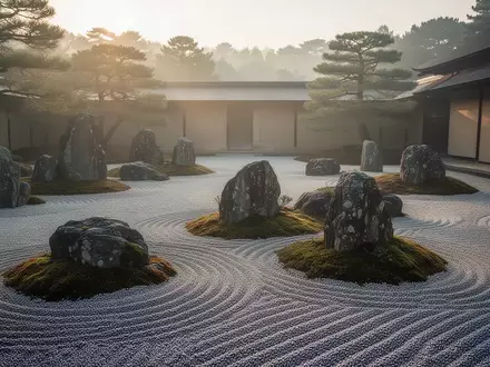 Ein ruhiger japanischer Zen-Garten mit geharktem Kies und bemoosten Steinen in der Morgendämmerung. - Foto: über boerse-global.de