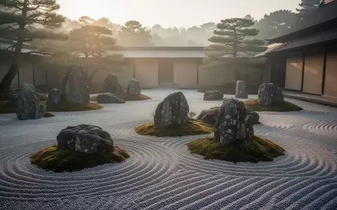 Ein ruhiger japanischer Zen-Garten mit geharktem Kies und bemoosten Steinen in der Morgendämmerung. - Foto: über boerse-global.de