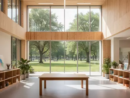 Ein heller, moderner Raum einer Volkshochschule mit großen Fenstern, Blick ins Grüne und einer minimalistischen Inneneinrichtung. - Foto: über boerse-global.de