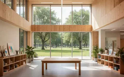 Ein heller, moderner Raum einer Volkshochschule mit großen Fenstern, Blick ins Grüne und einer minimalistischen Inneneinrichtung. - Foto: über boerse-global.de